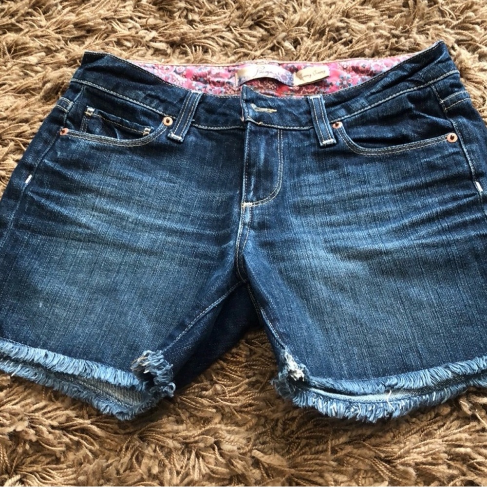 PAIGE Dark Blue Frayed Hem Jean Shorts